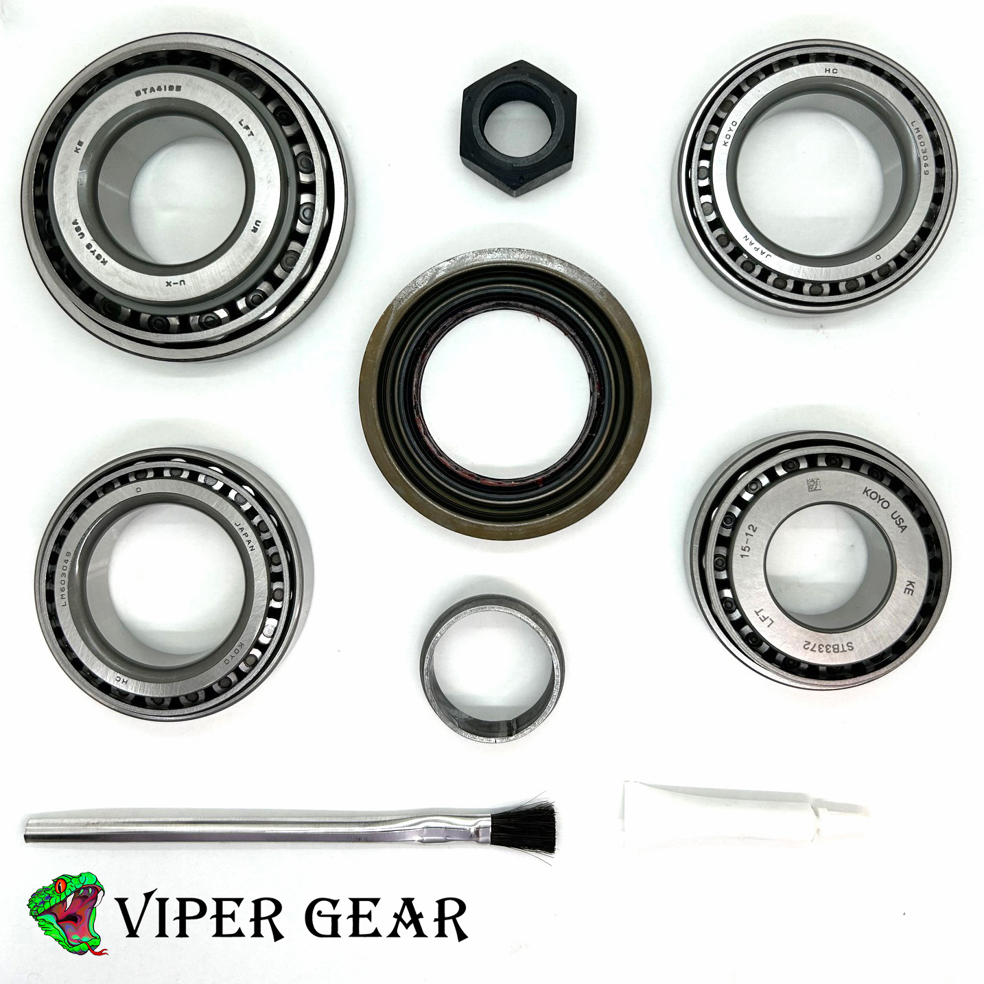 Viper Gear GM 8.6" Bearing Install Kit (2009-2018). 4 Koyo bearings and races, 1 pinion seal, 1 pinion nut, 1 crush sleeve